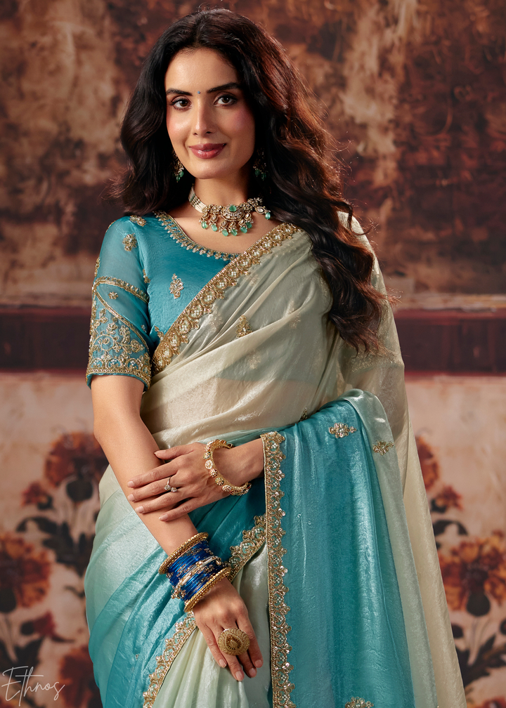 Dual Tone Turquoise Blue Ombre Fendy Satin Saree