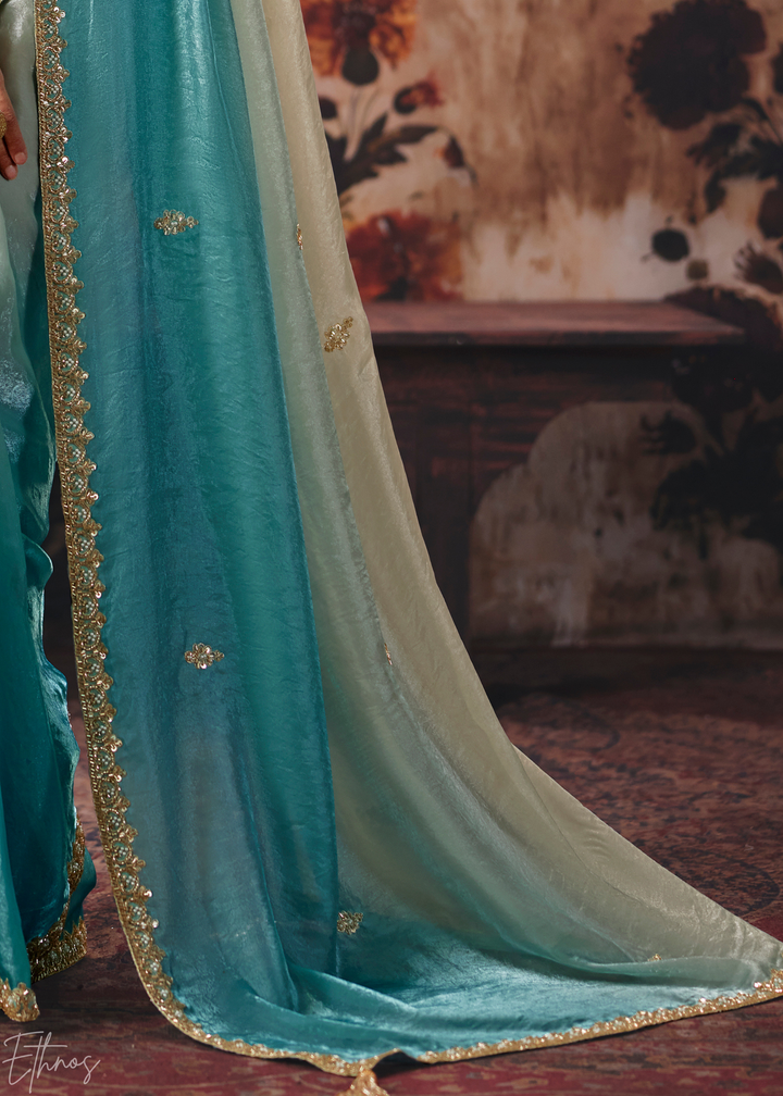 Dual Tone Turquoise Blue Ombre Fendy Satin Saree