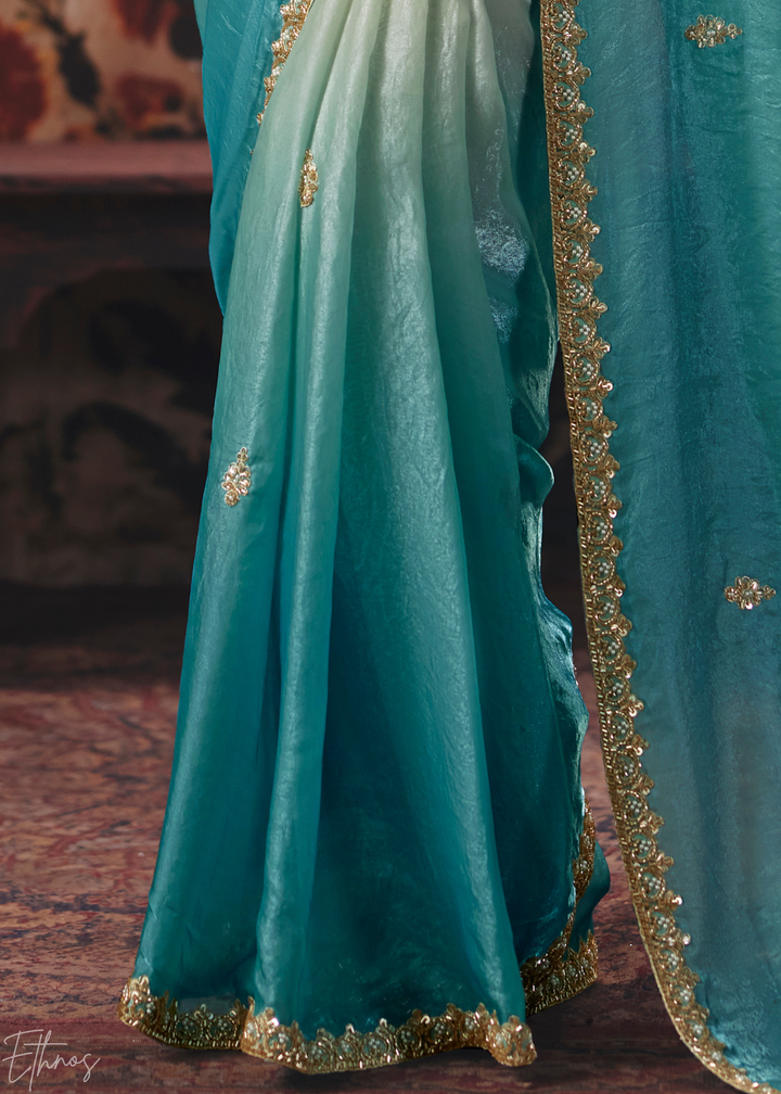 Dual Tone Turquoise Blue Ombre Fendy Satin Saree