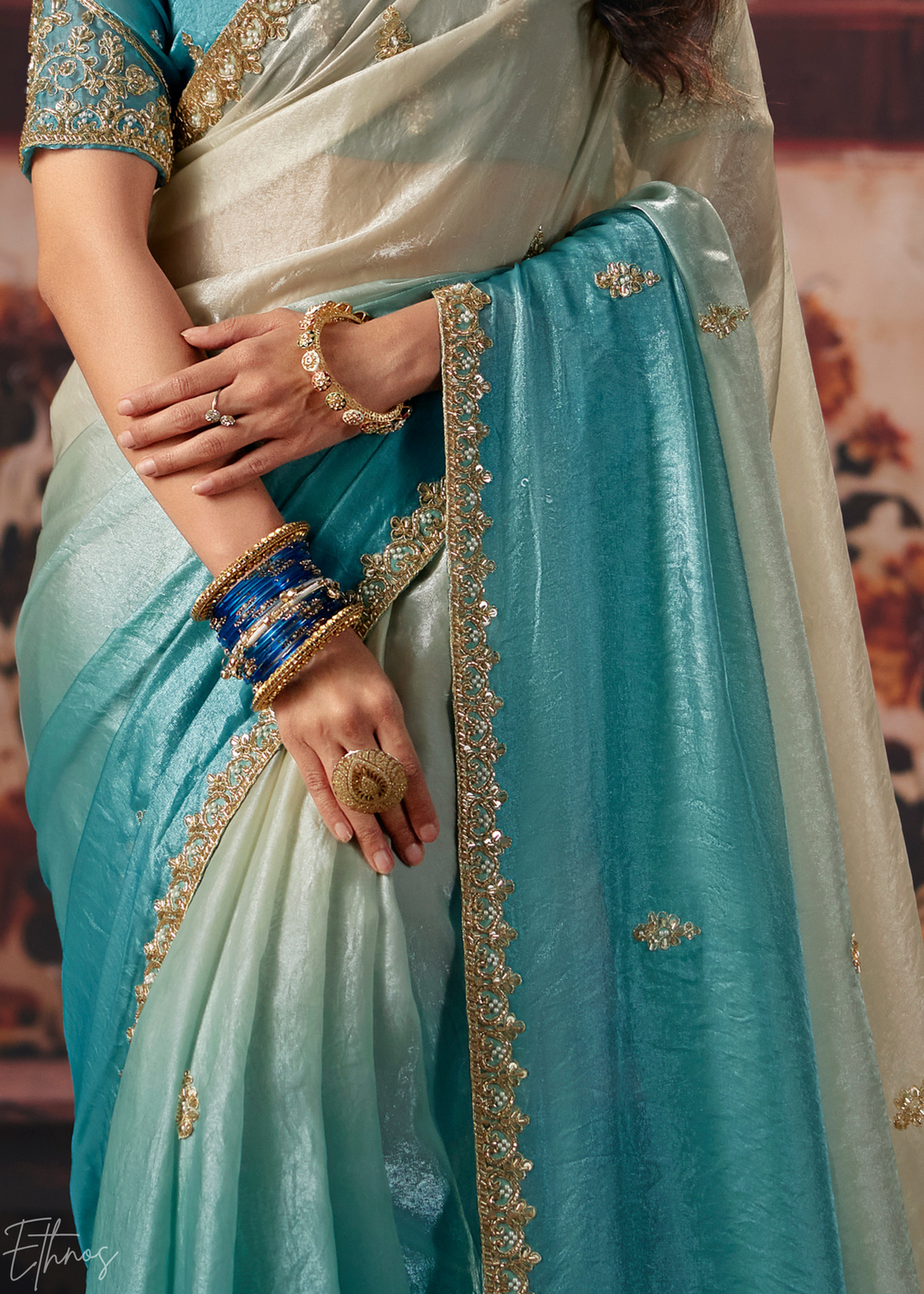 Dual Tone Turquoise Blue Ombre Fendy Satin Saree