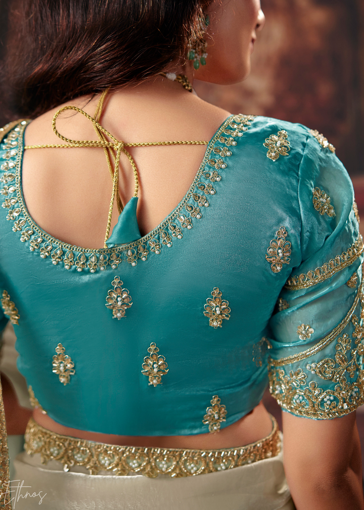 Dual Tone Turquoise Blue Ombre Fendy Satin Saree