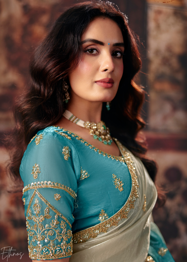 Dual Tone Turquoise Blue Ombre Fendy Satin Saree
