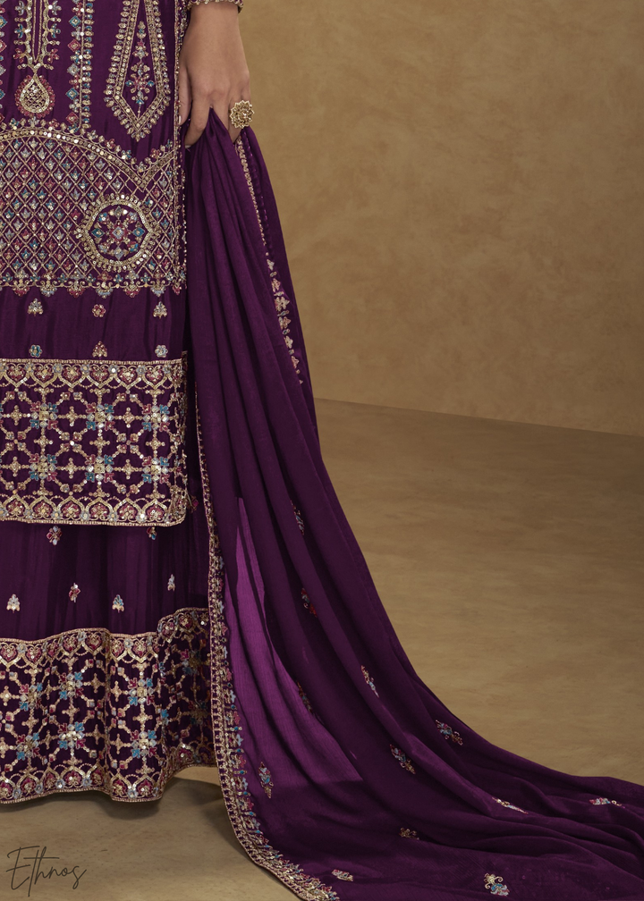 Imperial Wine Zari-Encrusted Chinon Palazzo Suit