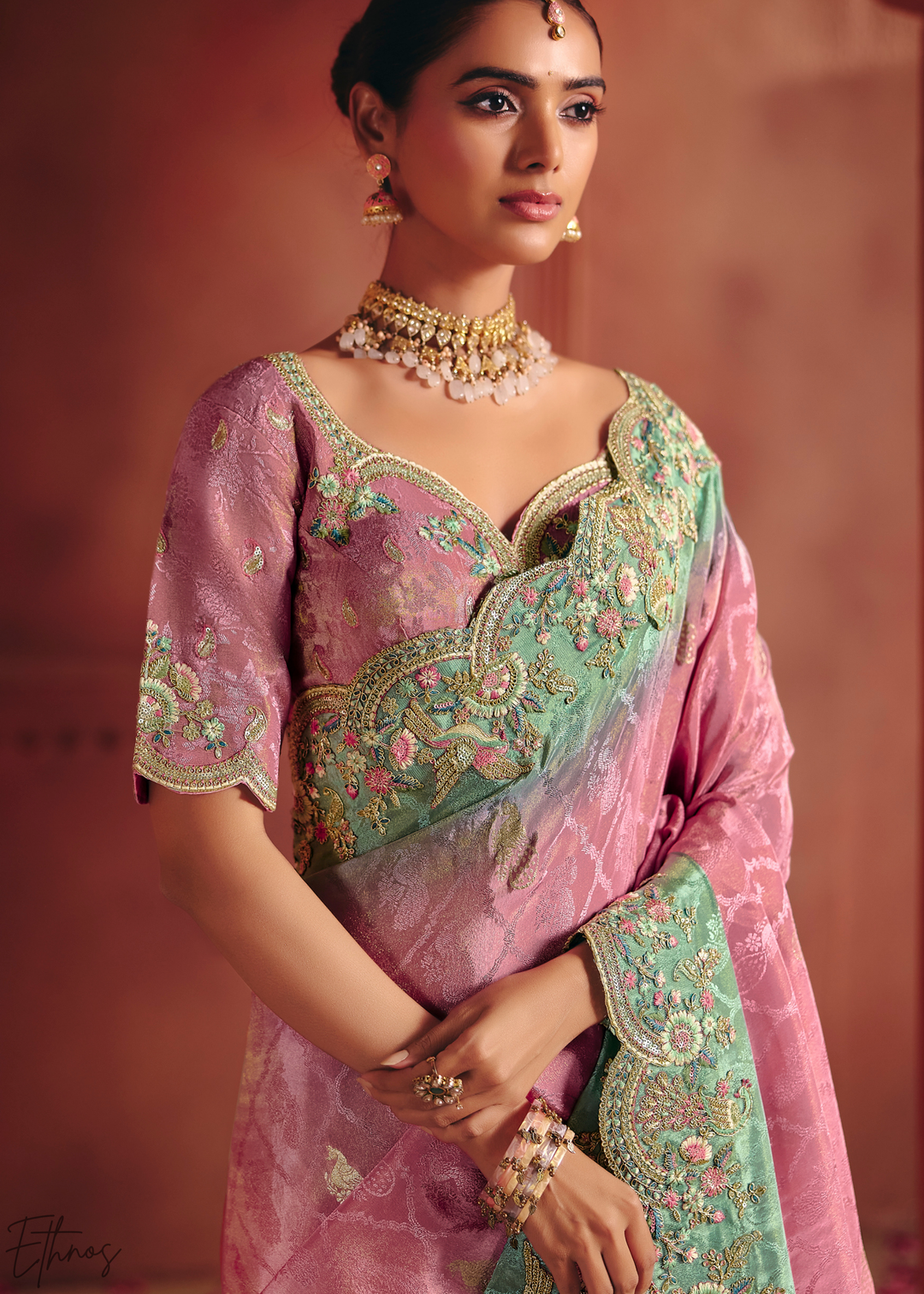Dusky Pink Floral Resham Silk Saree