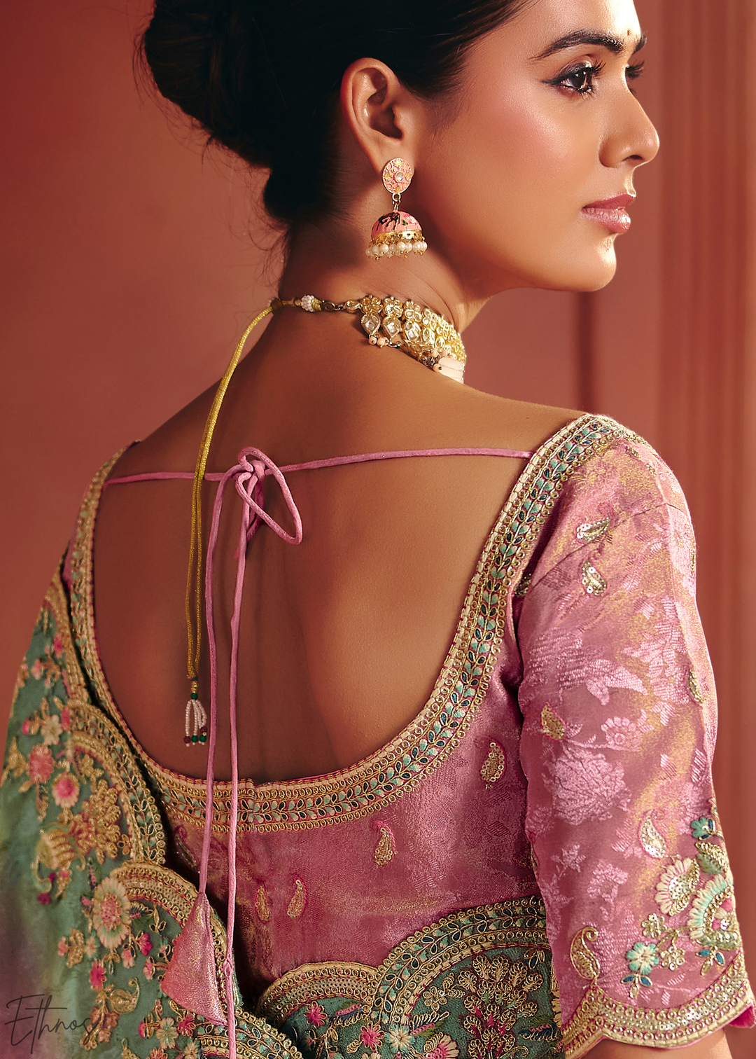 Dusky Pink Floral Resham Silk Saree