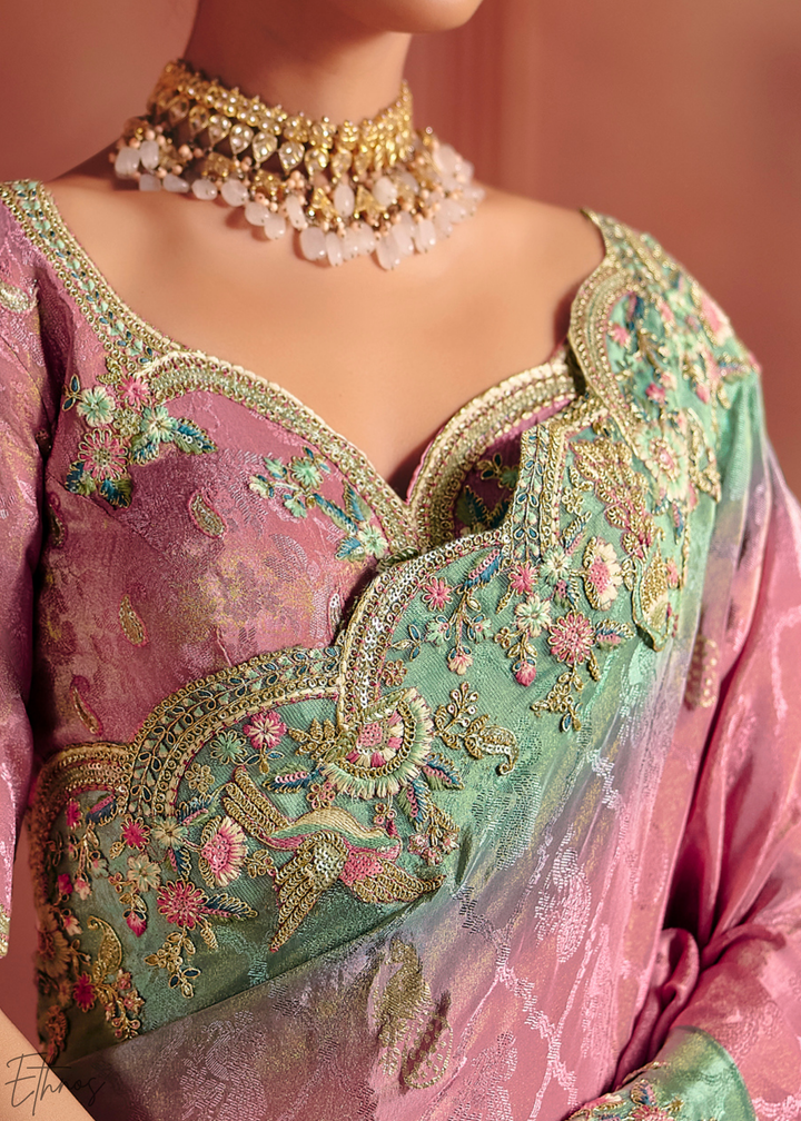 Dusky Pink Floral Resham Silk Saree