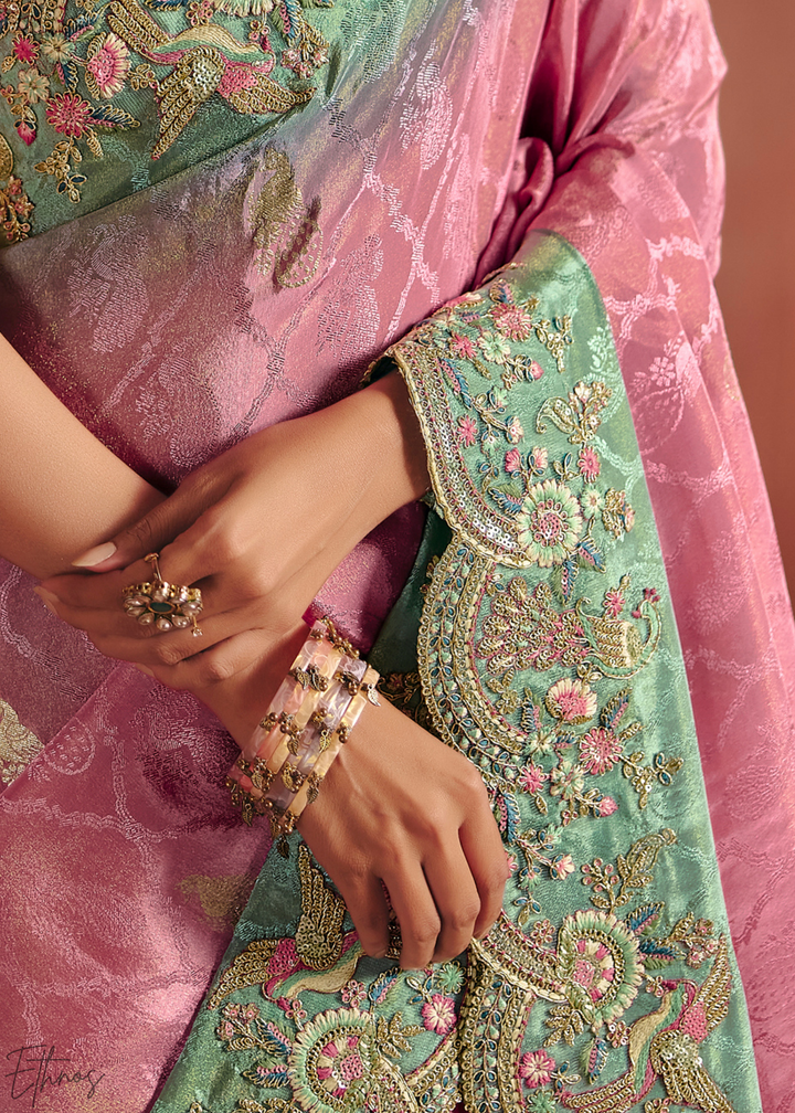 Dusky Pink Floral Resham Silk Saree