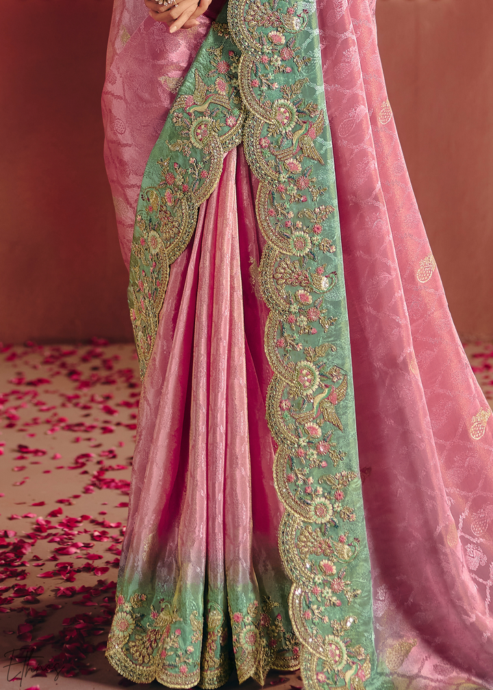 Dusky Pink Floral Resham Silk Saree