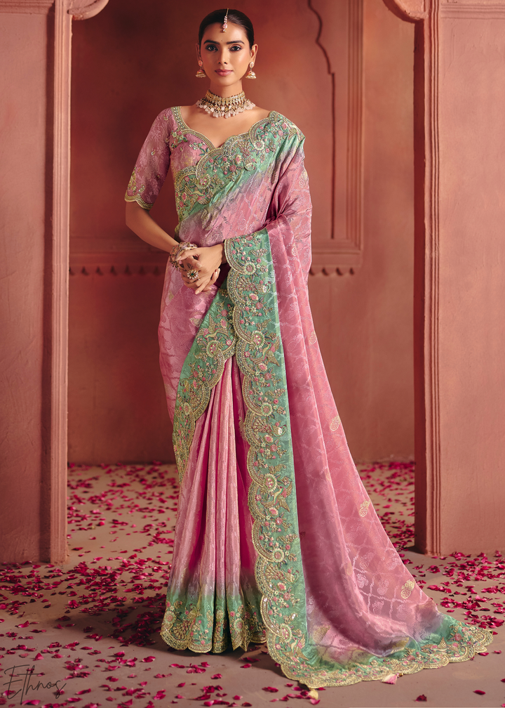 Dusky Pink Floral Resham Silk Saree