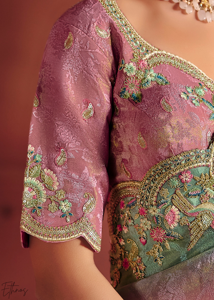 Dusky Pink Floral Resham Silk Saree