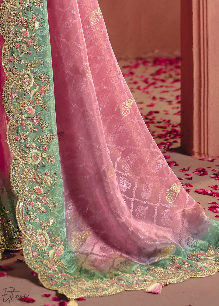 Dusky Pink Floral Resham Silk Saree