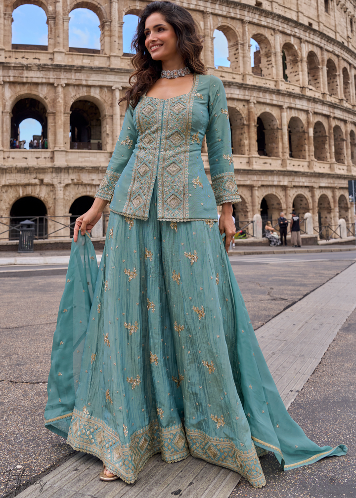 Slate Blue Floral Embroidered Shimmer Silk Sharara Suit Set