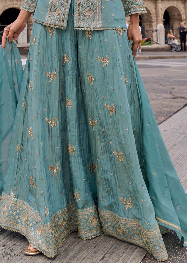 Slate Blue Floral Embroidered Shimmer Silk Sharara Suit Set