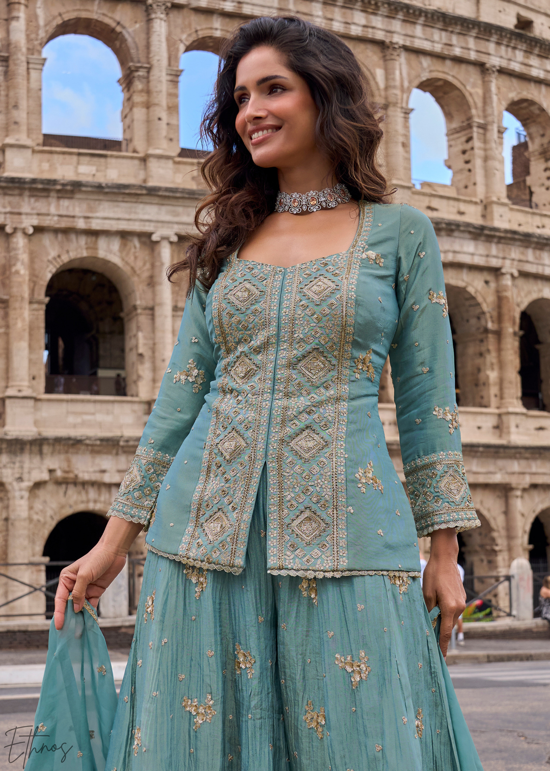 Slate Blue Floral Embroidered Shimmer Silk Sharara Suit Set