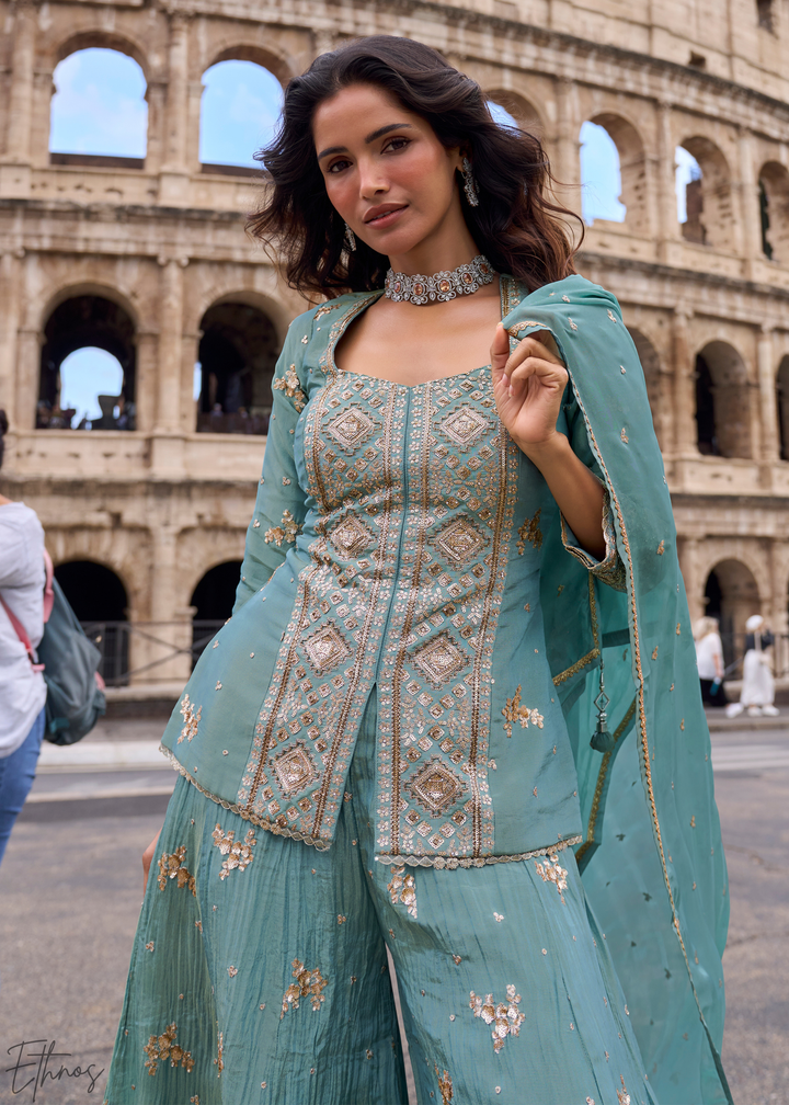 Slate Blue Floral Embroidered Shimmer Silk Sharara Suit Set