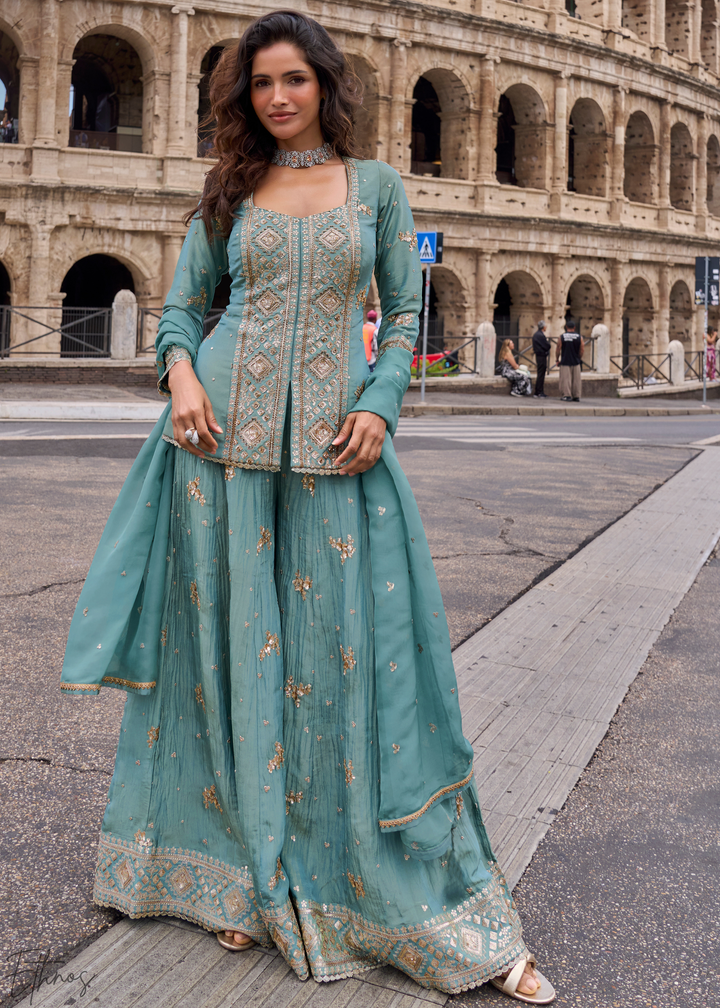 Slate Blue Floral Embroidered Shimmer Silk Sharara Suit Set