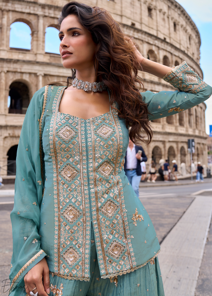 Slate Blue Floral Embroidered Shimmer Silk Sharara Suit Set