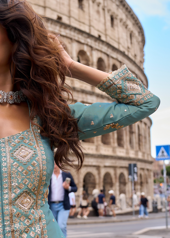 Slate Blue Floral Embroidered Shimmer Silk Sharara Suit Set