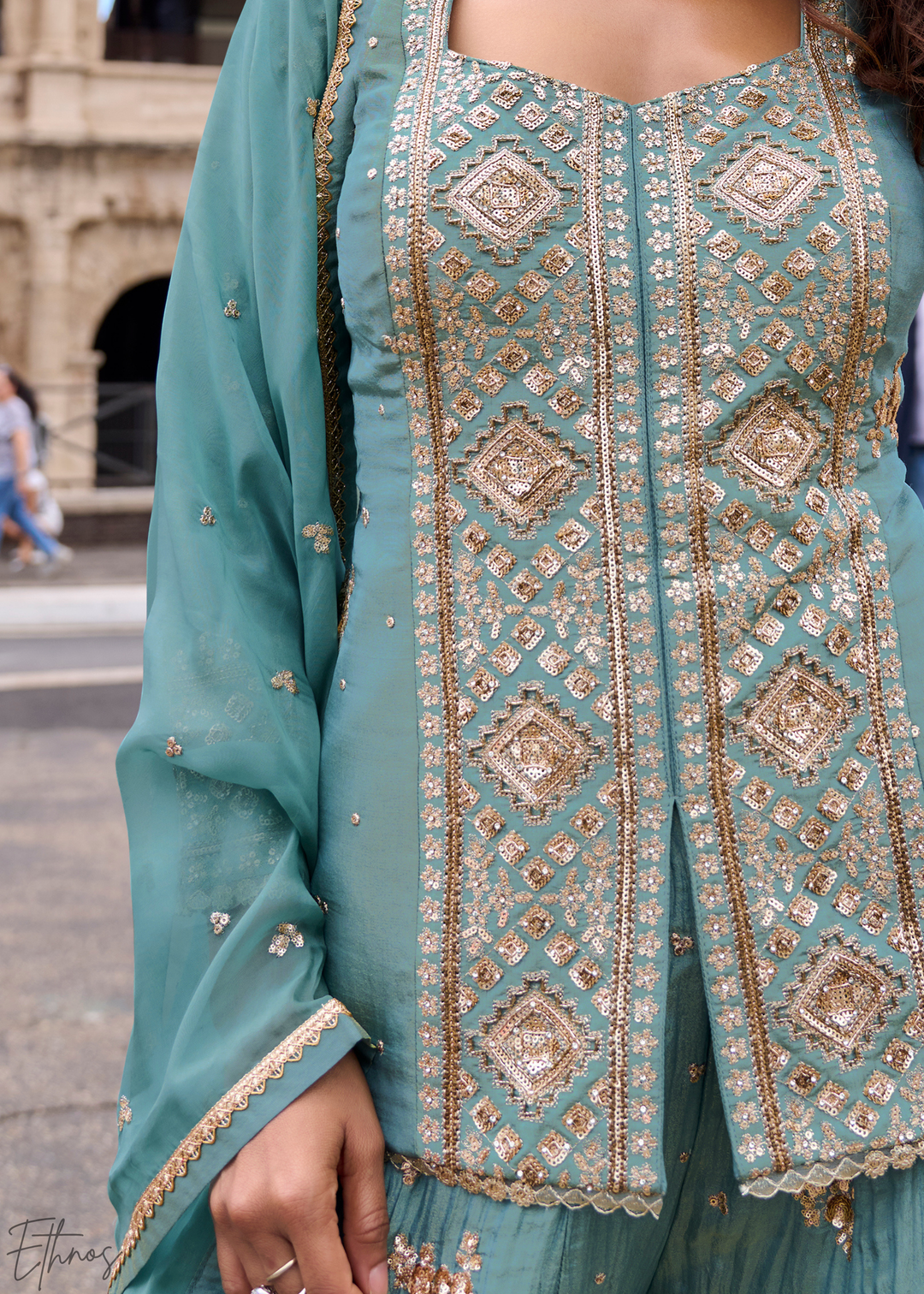 Slate Blue Floral Embroidered Shimmer Silk Sharara Suit Set