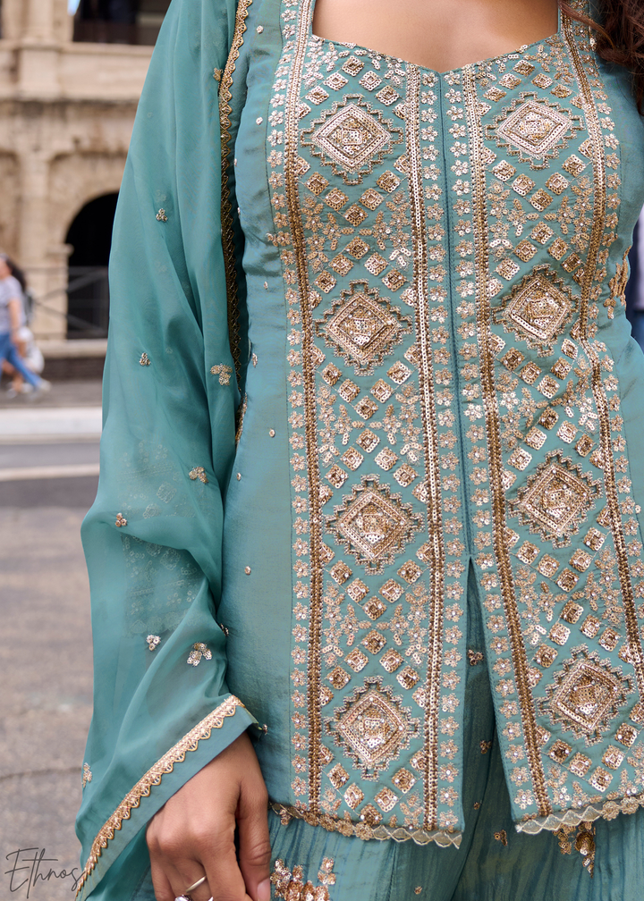 Slate Blue Floral Embroidered Shimmer Silk Sharara Suit Set