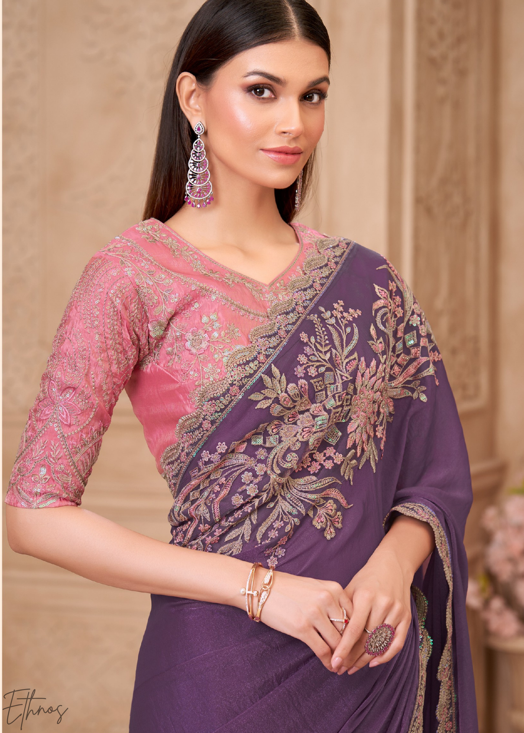 Dusty Lavender Classic Border Satin Georgette Saree