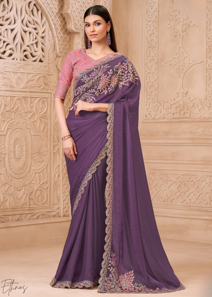 Dusty Lavender Classic Border Satin Georgette Saree