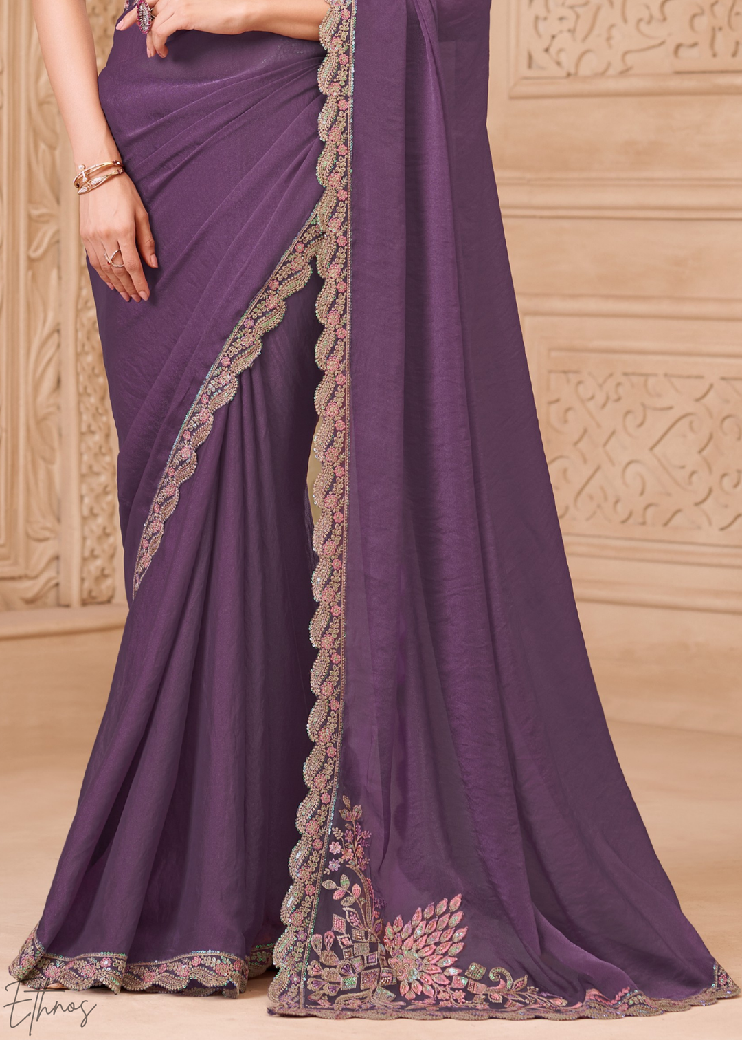 Dusty Lavender Classic Border Satin Georgette Saree