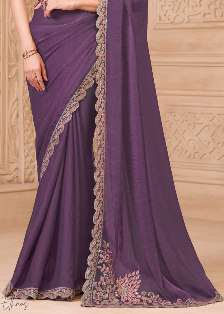 Dusty Lavender Classic Border Satin Georgette Saree