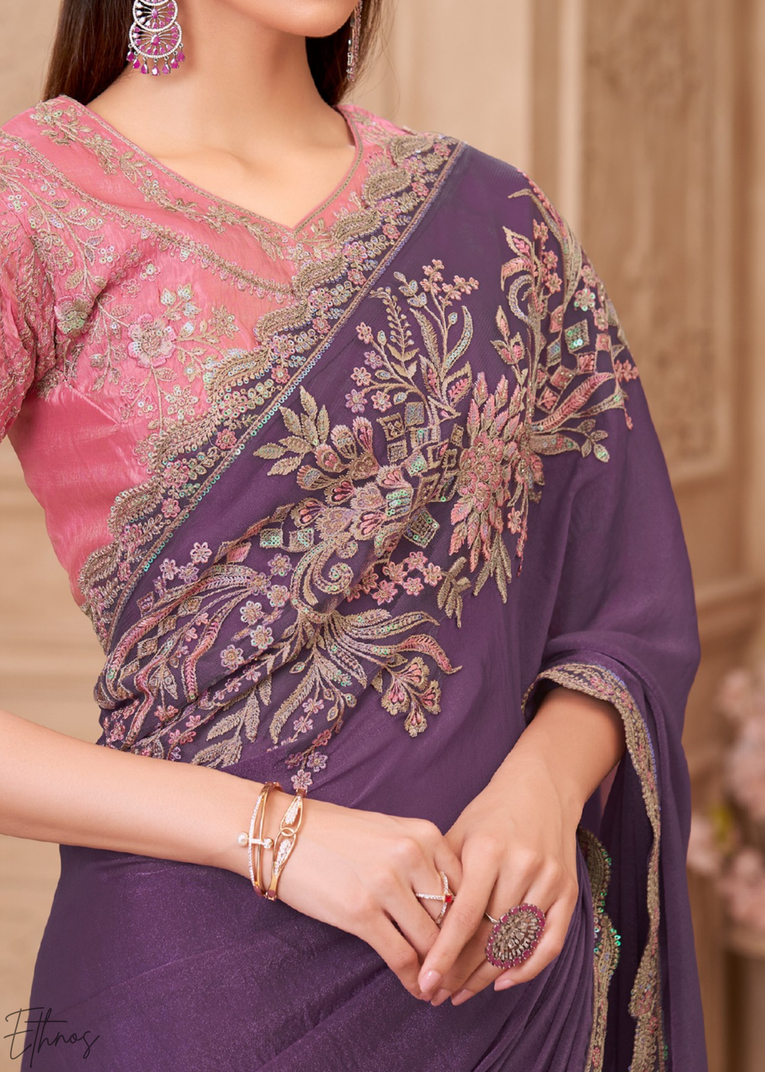 Dusty Lavender Classic Border Satin Georgette Saree