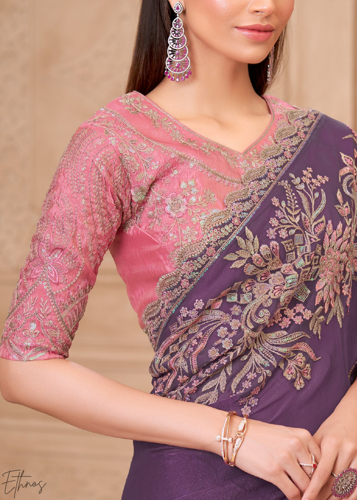 Dusty Lavender Classic Border Satin Georgette Saree