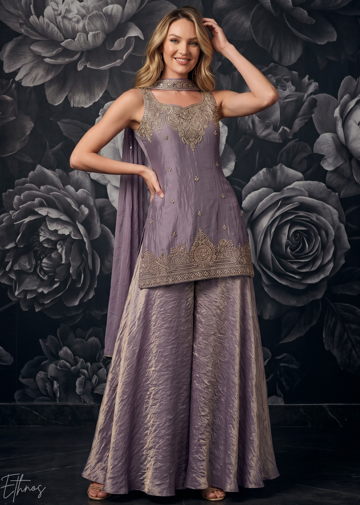 Dusty Lavender Embroidered Silk Flared Palazzo Suit