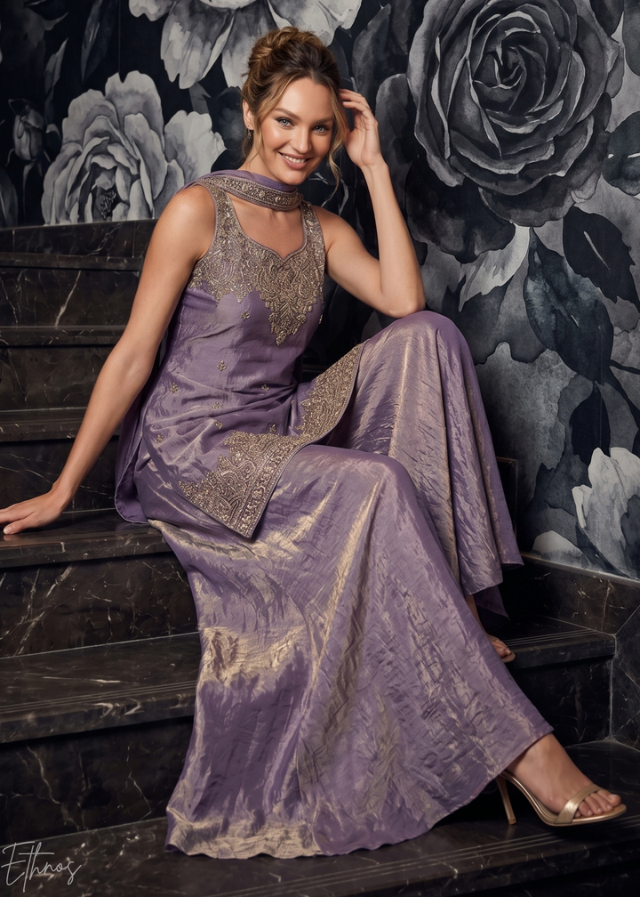 Dusty Lavender Embroidered Silk Flared Palazzo Suit