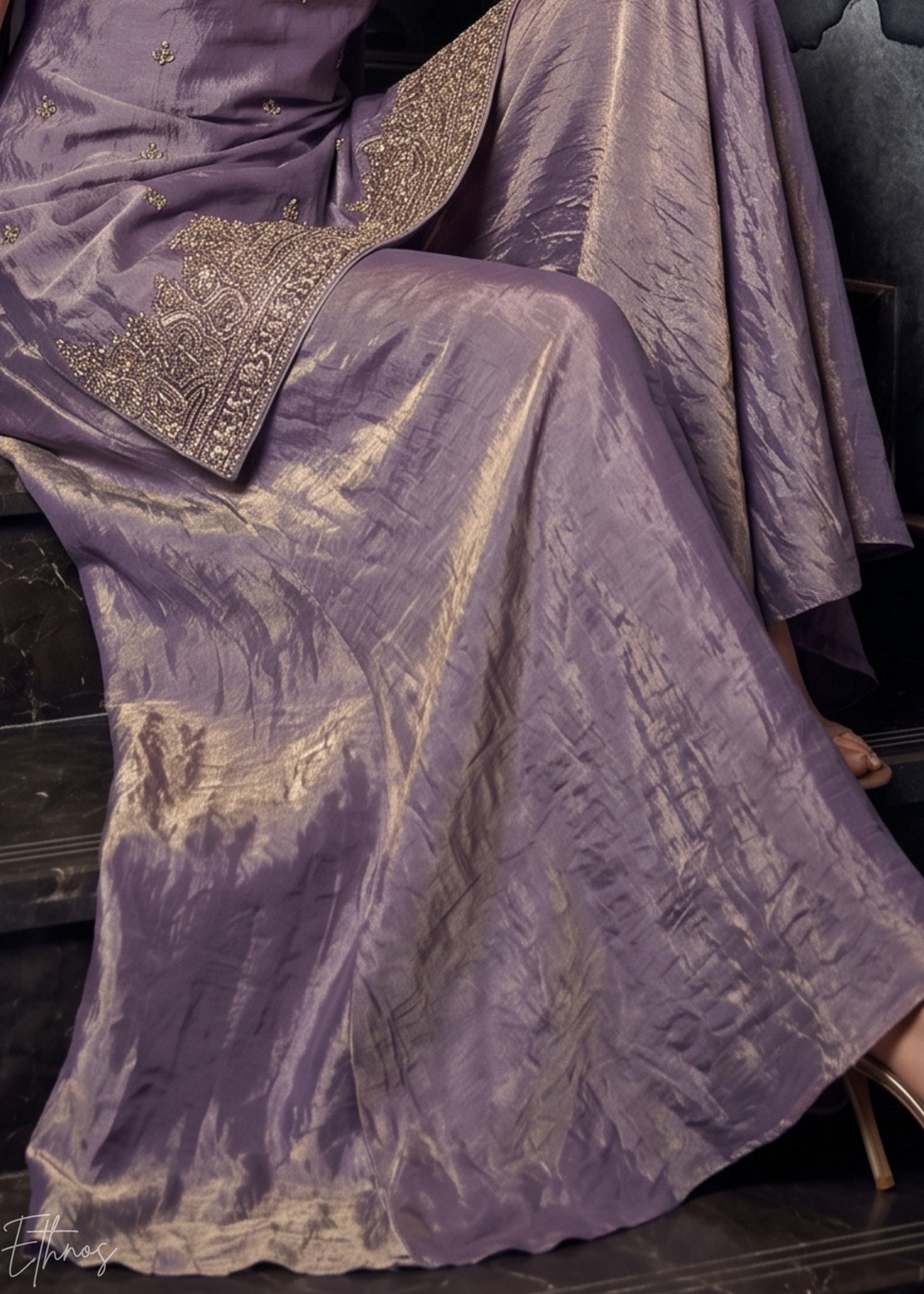 Dusty Lavender Embroidered Silk Flared Palazzo Suit