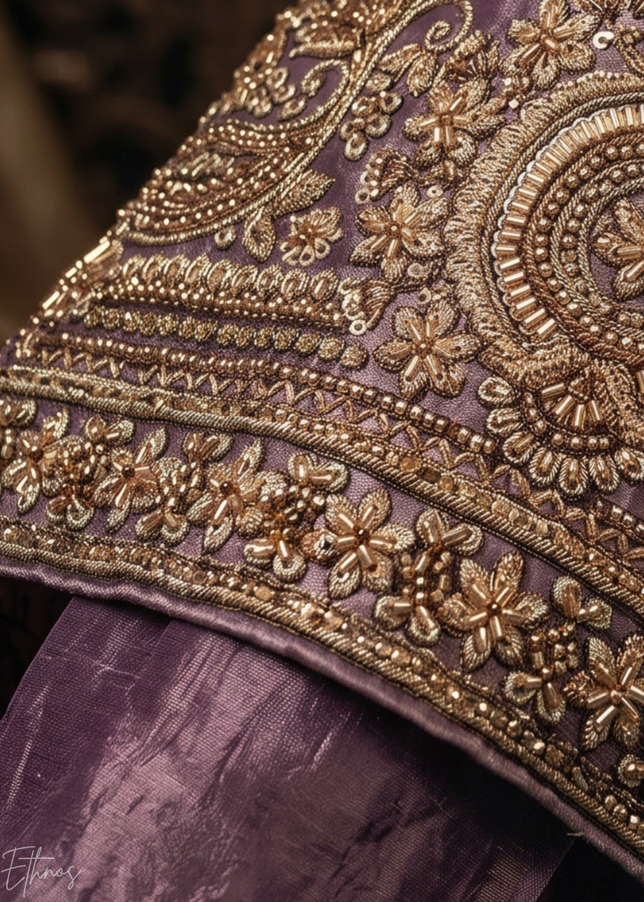 Dusty Lavender Embroidered Silk Flared Palazzo Suit