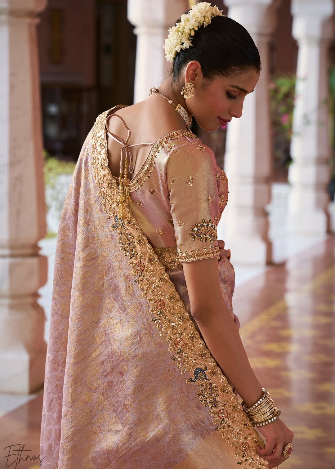 Dusty Lilac Artisanal Scallop Cutbead Border Kanjivaram Silk Saree