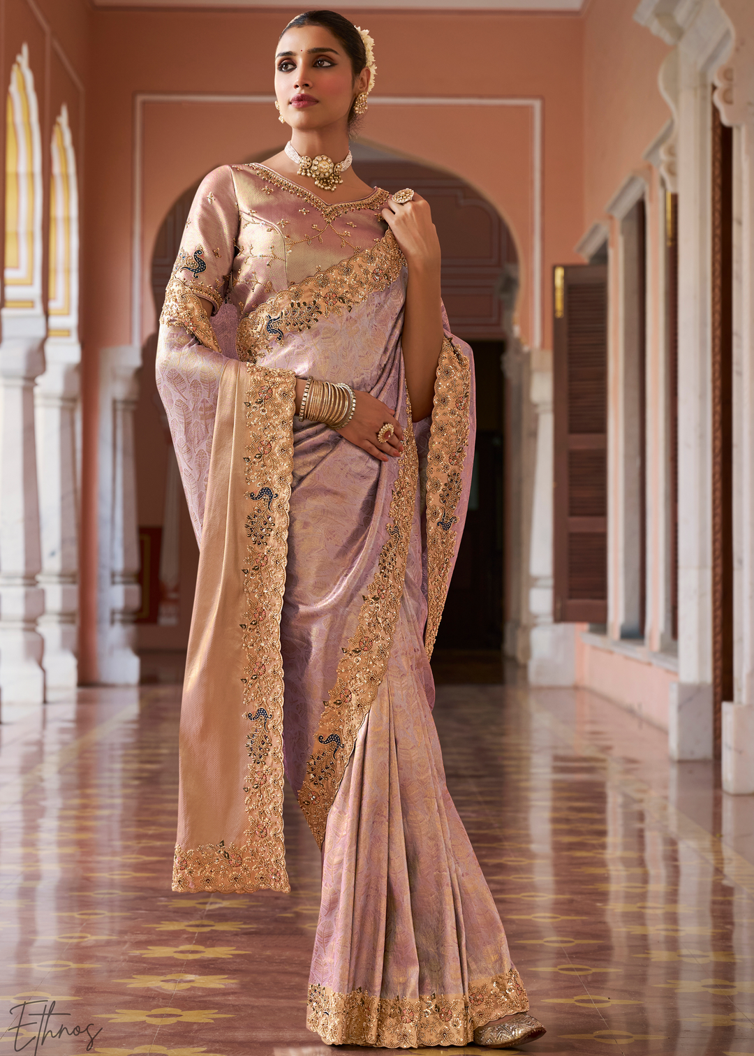 Dusty Lilac Artisanal Scallop Cutbead Border Kanjivaram Silk Saree