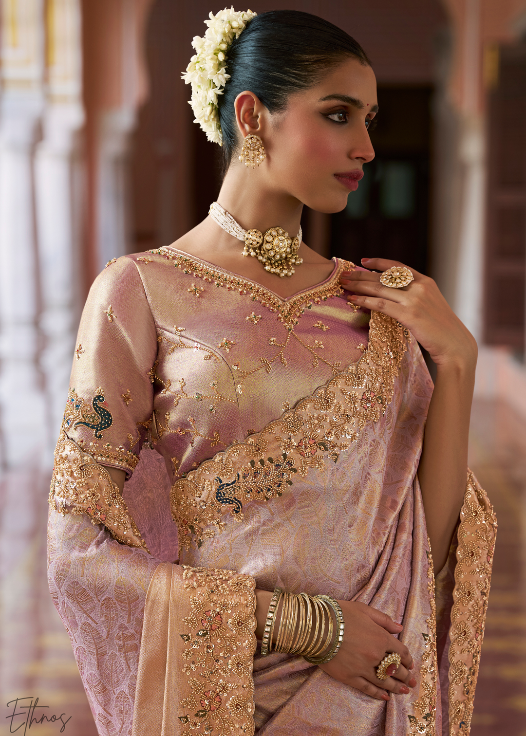 Dusty Lilac Artisanal Scallop Cutbead Border Kanjivaram Silk Saree