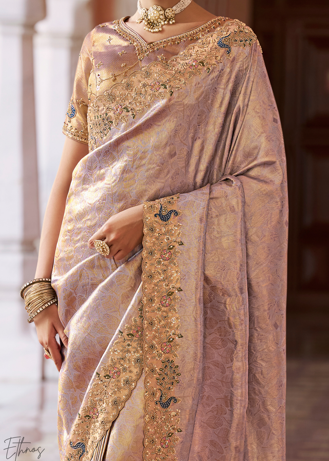 Dusty Lilac Artisanal Scallop Cutbead Border Kanjivaram Silk Saree