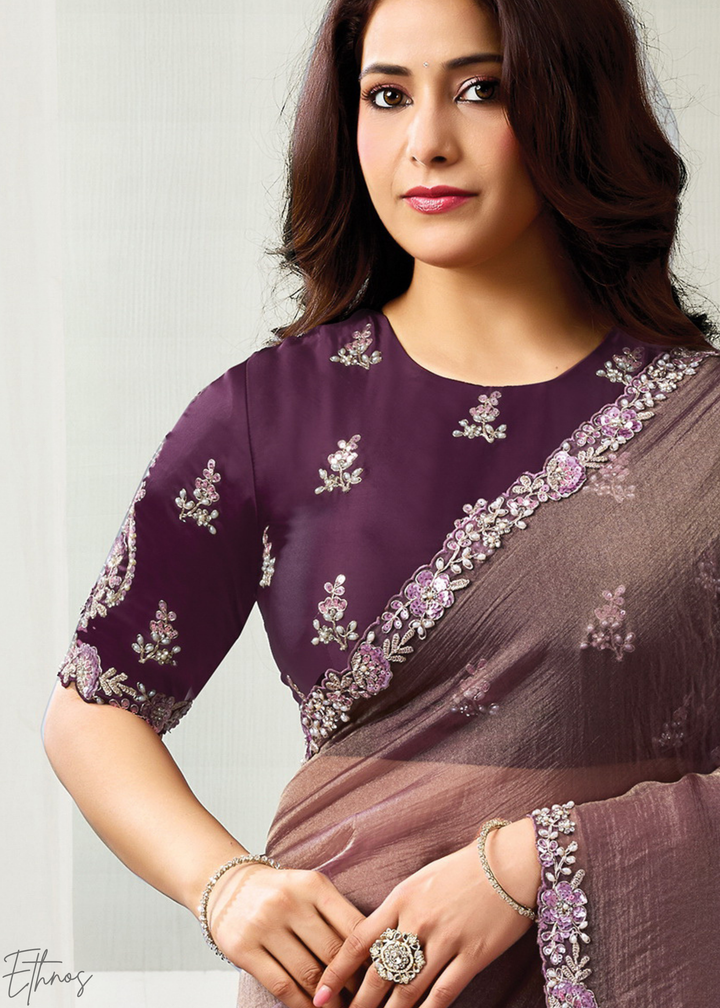 Dusty Mauve Organza Satin  Silk Saree