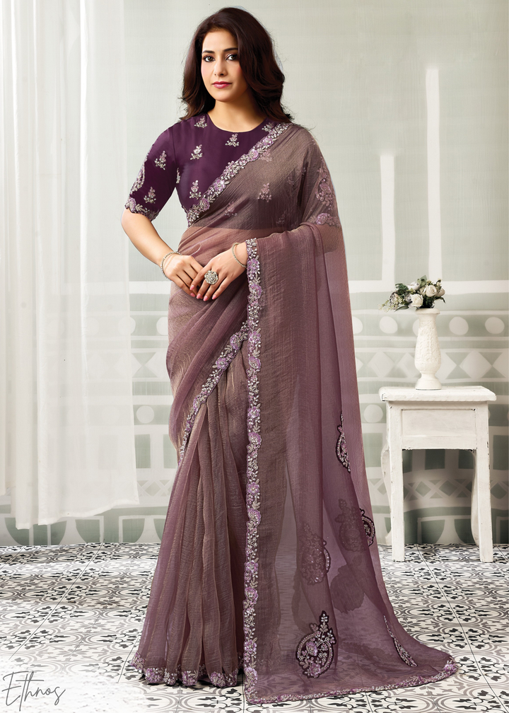 Dusty Mauve Organza Satin  Silk Saree