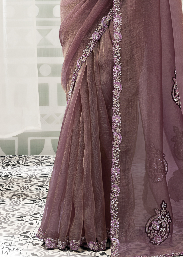 Dusty Mauve Organza Satin  Silk Saree