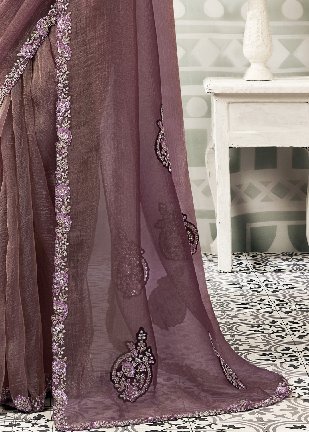 Dusty Mauve Organza Satin  Silk Saree