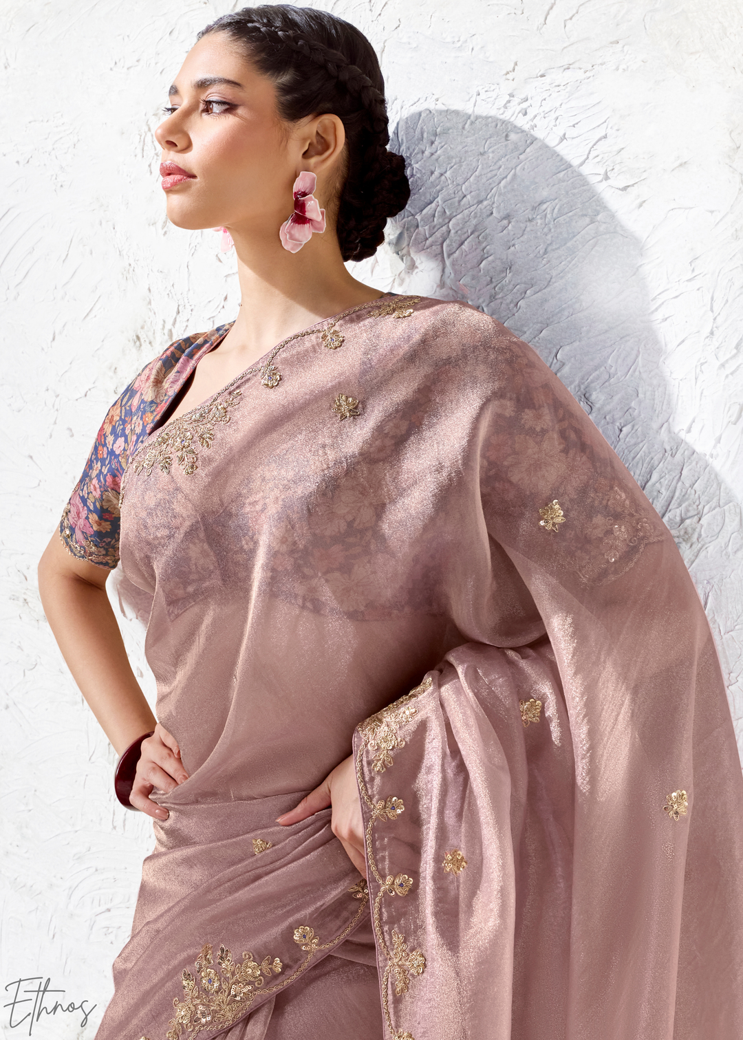 Dusty Mauve Floral Printed Blouse Organza Silk Saree