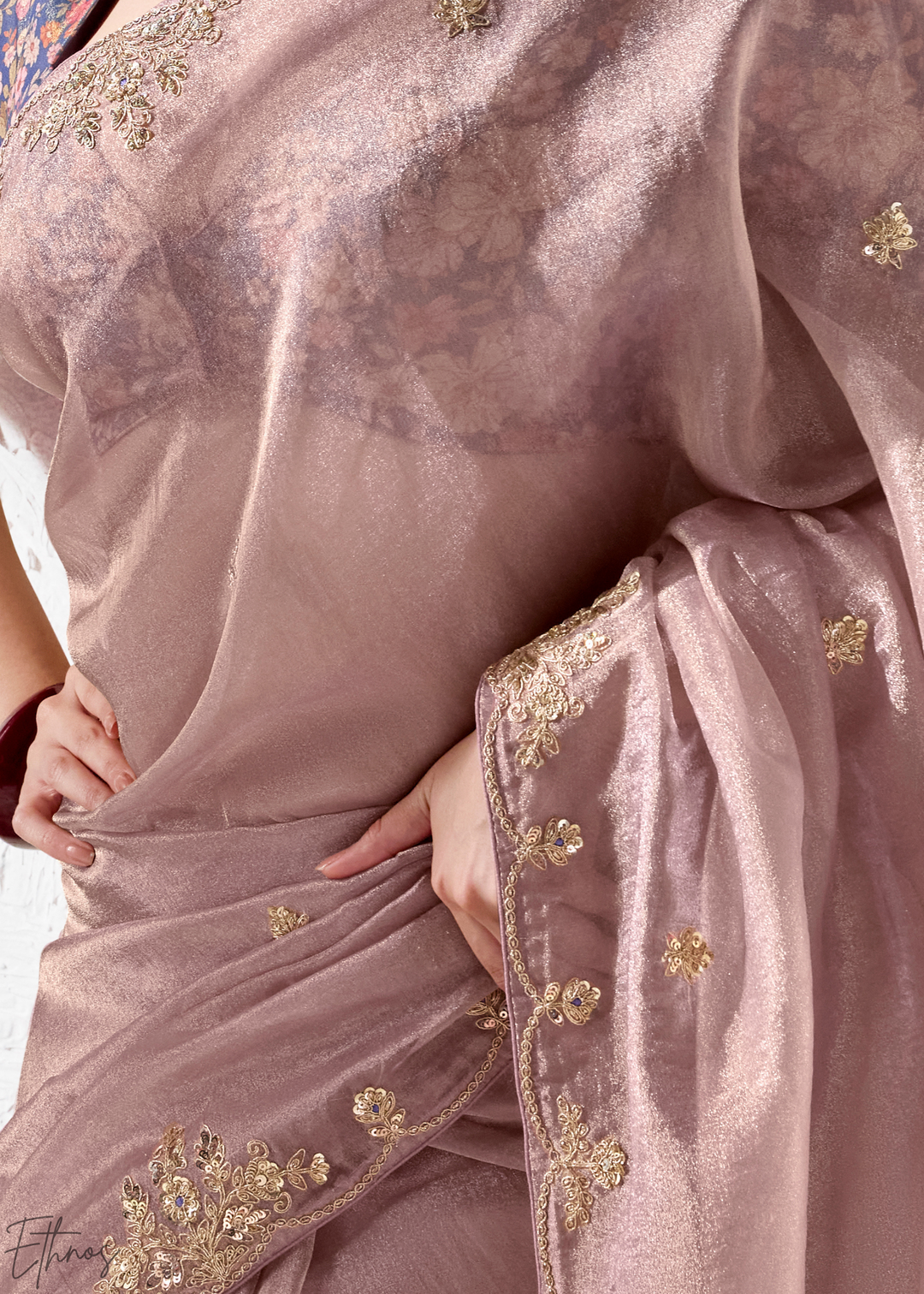 Dusty Mauve Floral Printed Blouse Organza Silk Saree