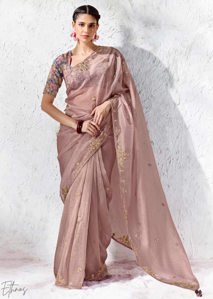Dusty Mauve Floral Printed Blouse Organza Silk Saree