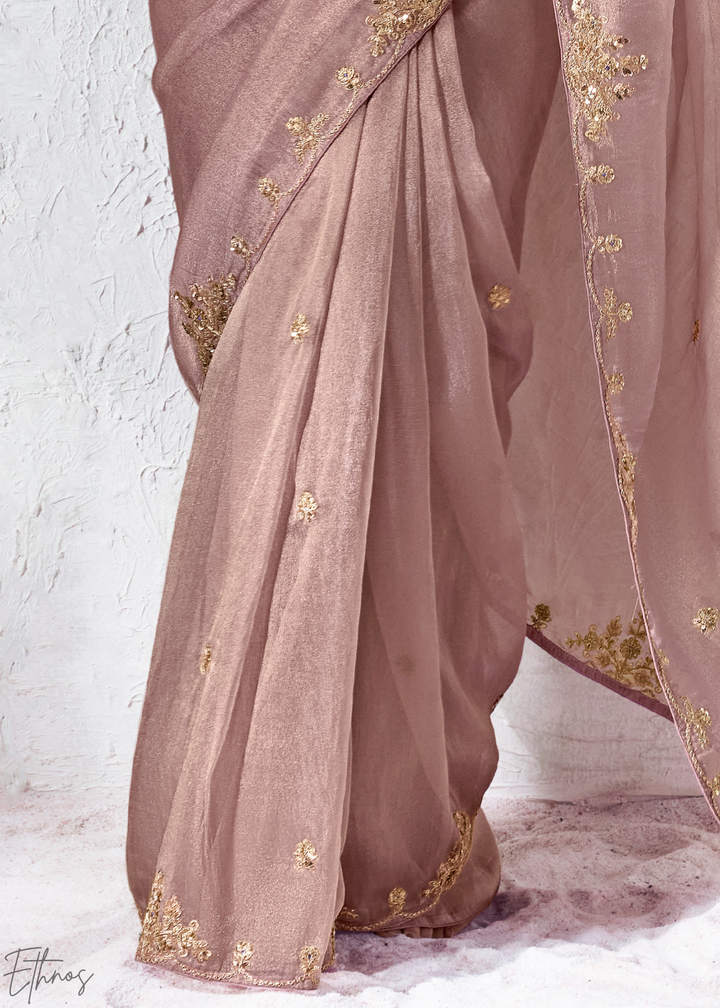 Dusty Mauve Floral Printed Blouse Organza Silk Saree