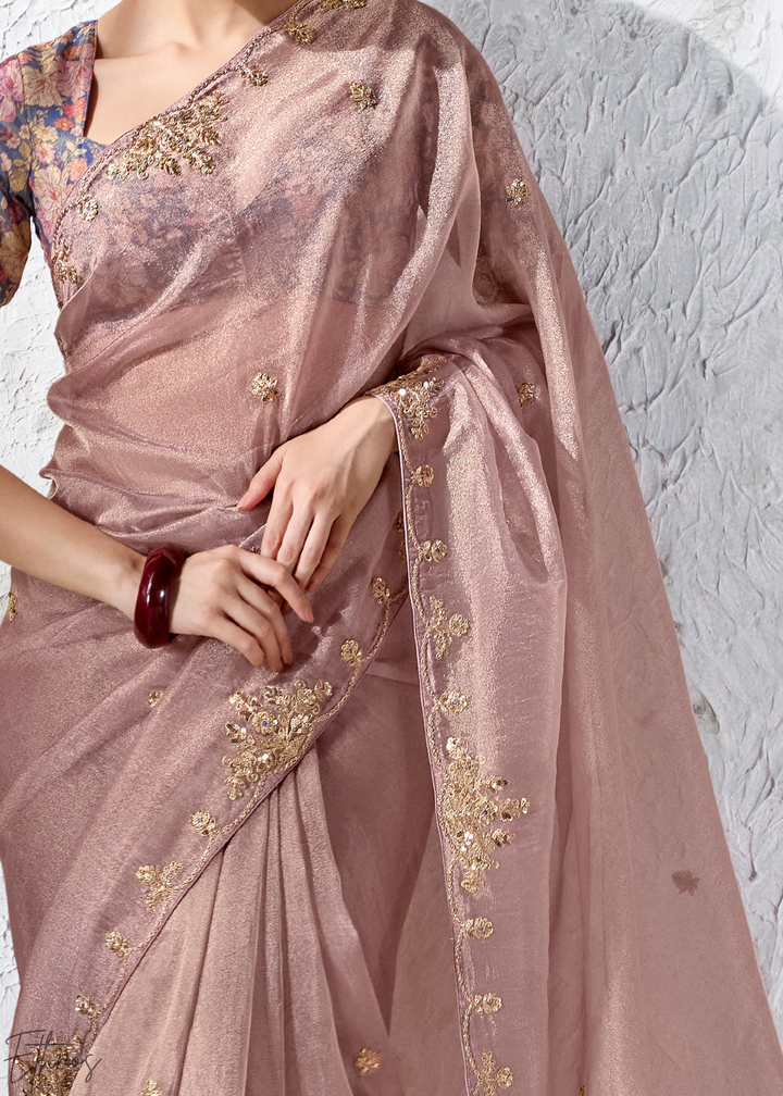 Dusty Mauve Floral Printed Blouse Organza Silk Saree