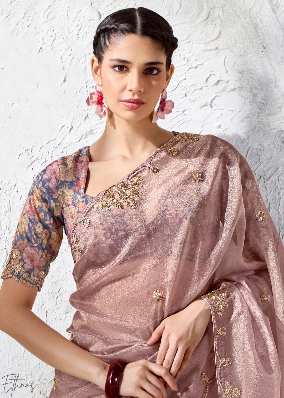 Dusty Mauve Floral Printed Blouse Organza Silk Saree
