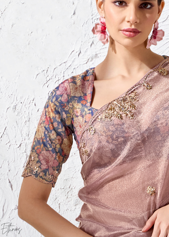 Dusty Mauve Floral Printed Blouse Organza Silk Saree