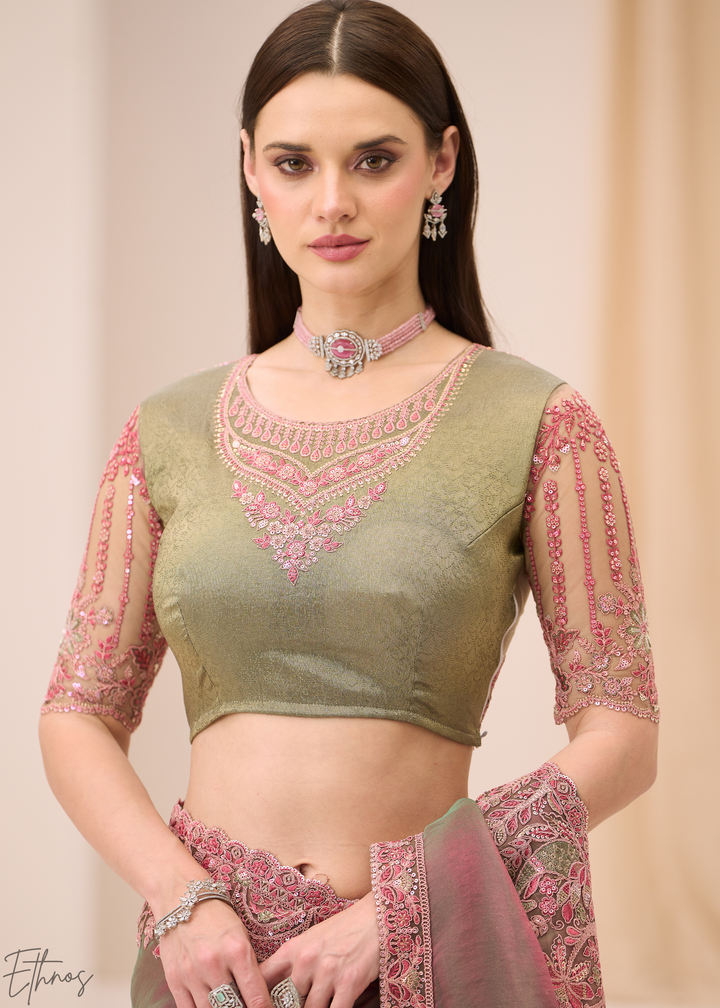 Dusty Mauve Ornamental Panel Satin Chiffon Saree